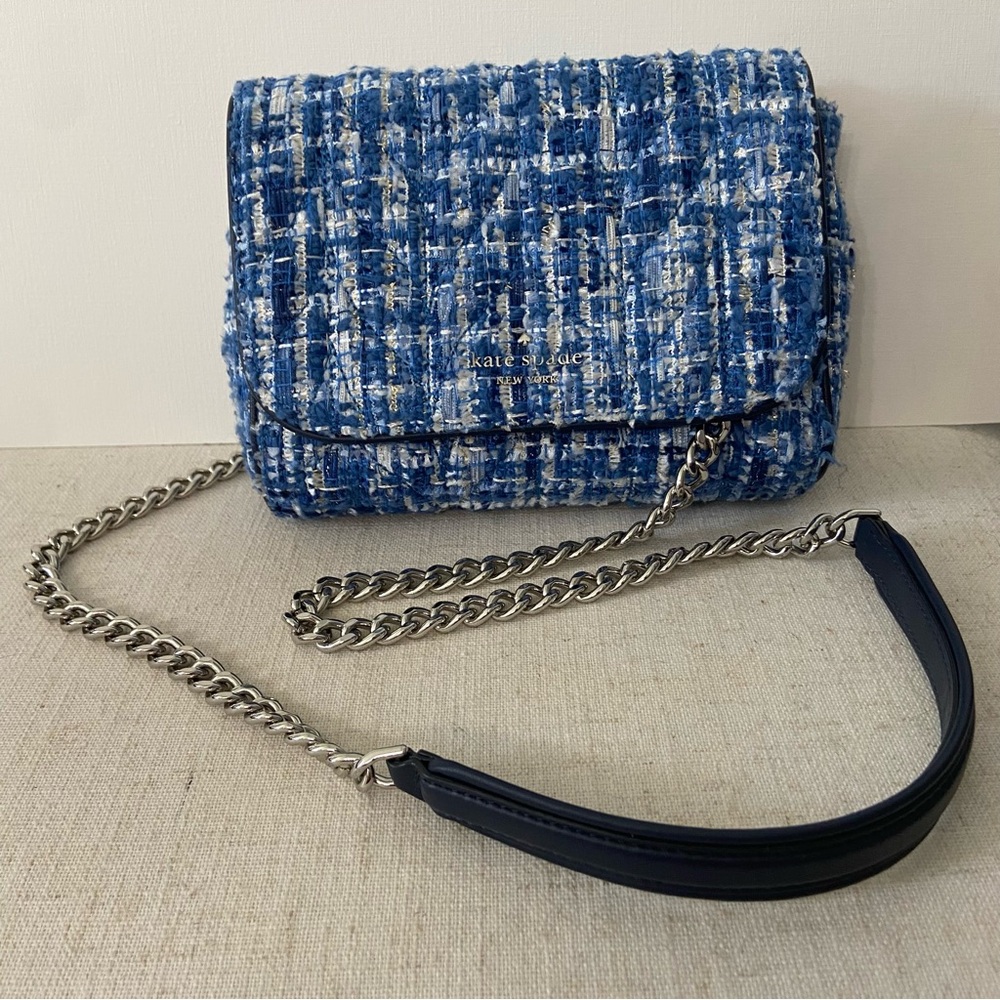 KATE SPADE NWOT Blue Tweed Crossbody Bag Silver tone Chain
